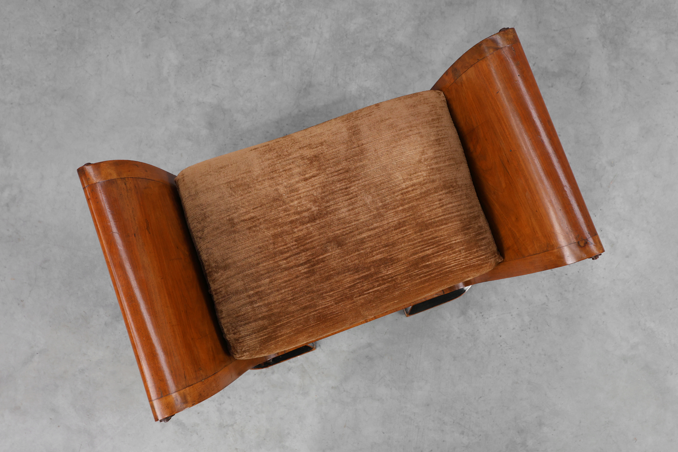 Art Deco Walnut Stool with Original velvet Upholstery, Italy ca. 1920thumbnail